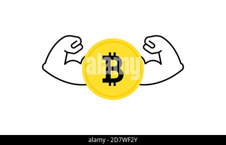 Strong bitcoin cryptocurrency showing big muscles. Increase of the value of the digital gold. Vector on isolated white background. EPS 10 Stock Vector