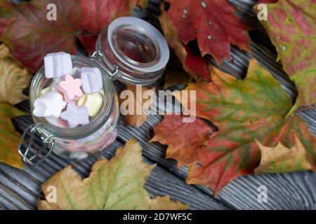 Marshmallows of different colors. They lie in a glass jar. Autumn maple leaves are scattered around. Stock Photo