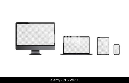 Realistic computer monitor, laptop, tablet and mobile phone icon set. Dark theme. Blank display. Notebook. Vector on isolated white background. EPS 10 Stock Vector