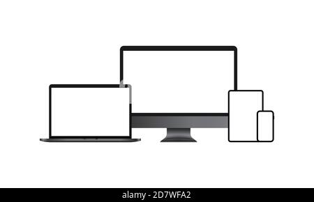 Realistic devices icon set. Computer monitor, laptop, smartphone. White blank screen. Vector on isolated white background. EPS 10 Stock Vector
