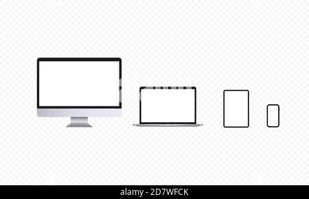 Realistic devices icon set. Computer screen, notebook, tablet and smartphone. Light theme. Laptop, pc display. Vector on isolated transparent Stock Vector