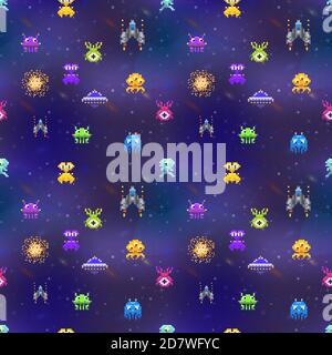 Cute space invaders in pixel art style on deep space background, seamless pattern Stock Vector