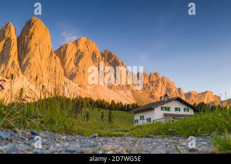 Sass Rigais, Furchetta and the Odle mountains seen from Glatsch Alm hut at sunset, Val di Funes, South Tyrol, Dolomites, Italy Stock Photo