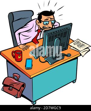 angry anxious male businessman works at an office workplace at a computer Stock Vector
