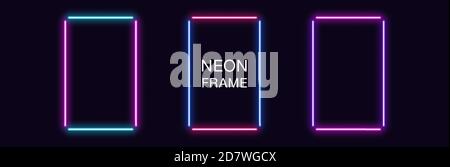 Neon rectangle Frame. Set of rectangular neon Border in 4 outline parts. Geometric shape with copy space, futuristic glowing element for social media Stock Vector