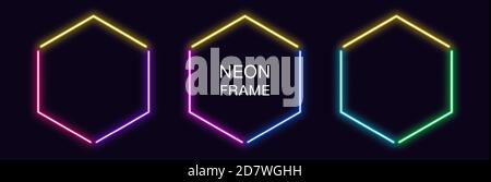 Neon hexagon Frame. Set of hexagonal neon Border in 3 angular parts. Geometric shape with copy space, futuristic glowing element for social media stor Stock Vector