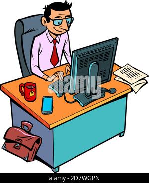 A male businessman works at an office workplace at a computer Stock Vector