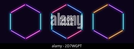 Neon hexagon Frame. Set of hexagonal neon Border in 3 outline parts. Geometric shape with copy space, futuristic glowing element for social media stor Stock Vector