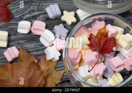 Marshmallows of different colors. They lie in a glass jar. Autumn maple leaves are scattered around. Stock Photo