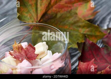 Marshmallows of different colors. They lie in a glass jar. Autumn maple leaves are scattered around. Stock Photo
