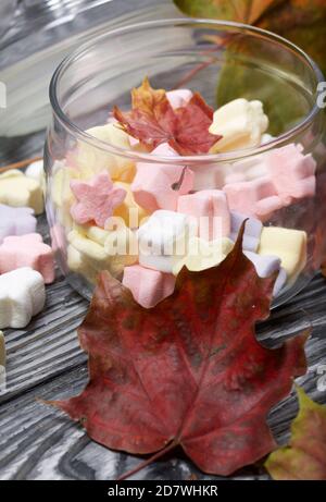 Marshmallows of different colors. They lie in a glass jar. Autumn maple leaves are scattered around. Stock Photo