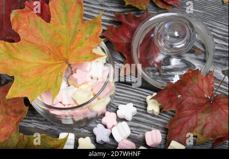 Marshmallows of different colors. They lie in a glass jar. Autumn maple leaves are scattered around. Stock Photo
