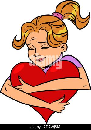 Girl in love hugs red heart Stock Vector