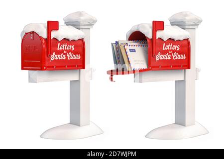 Santa Claus mailbox full of children letters isolated on white. Christmas and new year winter concept background. 3d illustration Stock Photo