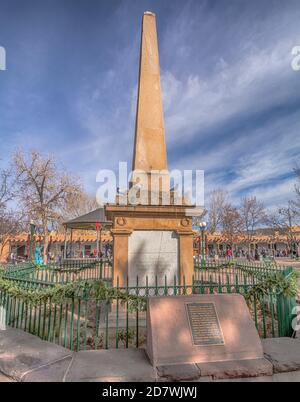 Santa Fe Plaza obelisk, the Soldiers' Monument honoring men who fought in the Indian Wars was torn down as a racist symbol in October 2020, NM, USA. Stock Photo
