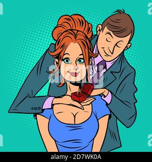 Man proposes to woman, wedding ring Stock Vector
