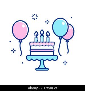 Cartoon birthday cake with candles and balloons. Simple flat style icon. Happy birthday greeting card, party celebration. Isolated vector clip art ill Stock Vector