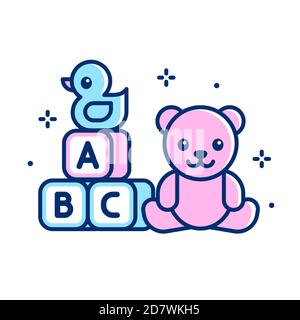 Children toys set, simple flat line icon. Teddy bear, rubber duck, toy blocks. Isolated vector clip art illustration. Stock Vector
