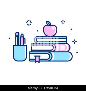 Cartoon school supplies illustration. Stack of books, apple and pens. Back to school symbol. Simple flat line icon. Stock Vector