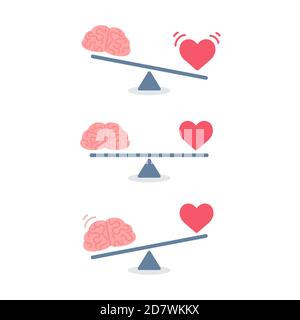 Balance between logic and emotion, cartoon brain and heart on a scale. Simple and modern flat vector style, isolated clip art illustration. Stock Vector