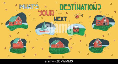 Set of pink, blue and green scandinavian wooden houses with yacht and travel trailer on yellow background Stock Vector