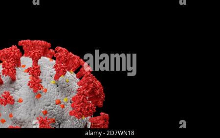 COVID-19 virus body. Detailed and photorealistic 3D render simulation. Isolated on a black background with the copy space. Stock Photo