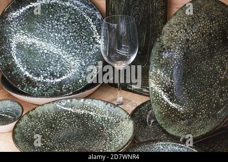 dishes utensils on a brown background Stock Photo