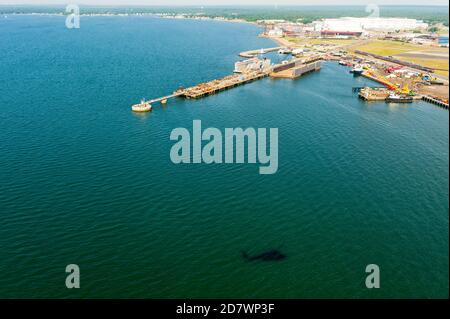 Aerial view, looking down at the Rhode Island landscape while flying. Stock Photo