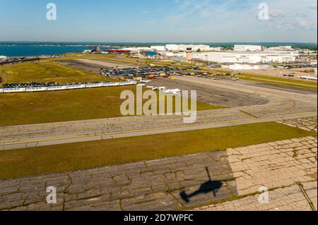 Aerial view, looking down at the Rhode Island landscape while flying. Stock Photo