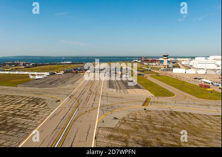 Aerial view, looking down at the Rhode Island landscape while flying. Stock Photo