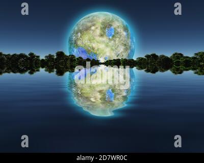 Terraformed moon over water world Stock Photo