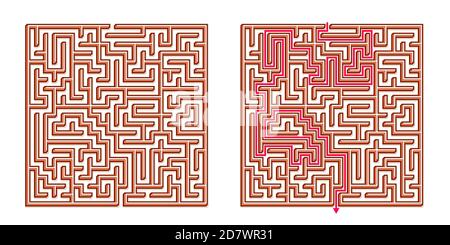 Vector 3D / Isometric Easy Square Maze - Labyrinth with Included Solution. Funny & Educational Mind Game for Coordination, Problems Solving, Decision Stock Vector