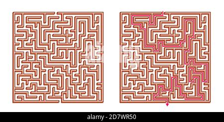 Vector 3D / Isometric Easy Square Maze - Labyrinth with Included Solution. Funny & Educational Mind Game for Coordination, Problems Solving, Decision Stock Vector