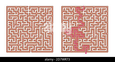 Vector 3D / Isometric Easy Square Maze - Labyrinth with Included Solution. Funny & Educational Mind Game for Coordination, Problems Solving, Decision Stock Vector