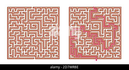 Vector 3D / Isometric Easy Square Maze - Labyrinth with Included Solution. Funny & Educational Mind Game for Coordination, Problems Solving, Decision Stock Vector