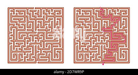 Vector 3D / Isometric Easy Square Maze - Labyrinth with Included Solution. Funny & Educational Mind Game for Coordination, Problems Solving, Decision Stock Vector
