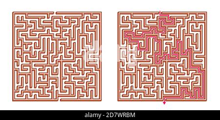 Vector 3D / Isometric Easy Square Maze - Labyrinth with Included Solution. Funny & Educational Mind Game for Coordination, Problems Solving, Decision Stock Vector
