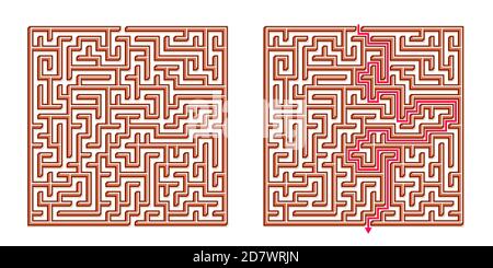 Vector 3D / Isometric Easy Square Maze - Labyrinth with Included Solution. Funny & Educational Mind Game for Coordination, Problems Solving, Decision Stock Vector