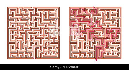 Vector 3D / Isometric Easy Square Maze - Labyrinth with Included Solution. Funny & Educational Mind Game for Coordination, Problems Solving, Decision Stock Vector