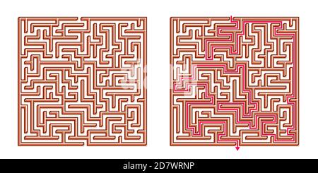 Vector 3D / Isometric Easy Square Maze - Labyrinth with Included Solution. Funny & Educational Mind Game for Coordination, Problems Solving, Decision Stock Vector