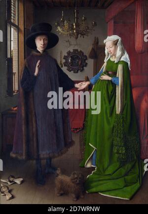 Title: Portrait of Giovanni Arnolfini and his Wife Creator: Jan van Eyck Date: 1434 Medium: Oil on panel Dimensions: 83.7 x 57 cms Location: National Gallery, London Stock Photo