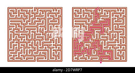 Vector 3D / Isometric Easy Square Maze - Labyrinth with Included Solution. Funny & Educational Mind Game for Coordination, Problems Solving, Decision Stock Vector