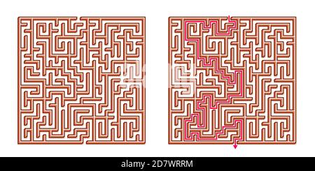 Vector 3D / Isometric Easy Square Maze - Labyrinth with Included Solution. Funny & Educational Mind Game for Coordination, Problems Solving, Decision Stock Vector