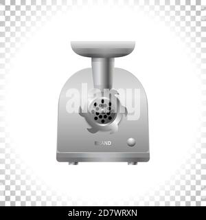 Electric meat grinder on transparent background. Front view of silver mincing machine. Kitchen utensil and electrical household appliance. Element for Stock Vector