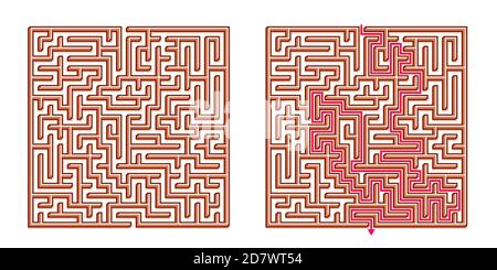 Vector 3D / Isometric Easy Square Maze - Labyrinth with Included Solution. Funny & Educational Mind Game for Coordination, Problems Solving, Decision Stock Vector