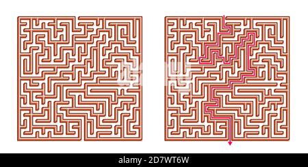 Vector 3D / Isometric Easy Square Maze - Labyrinth with Included Solution. Funny & Educational Mind Game for Coordination, Problems Solving, Decision Stock Vector