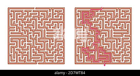 Vector 3D / Isometric Easy Square Maze - Labyrinth with Included Solution. Funny & Educational Mind Game for Coordination, Problems Solving, Decision Stock Vector