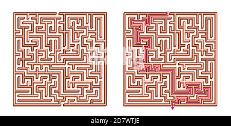 Vector 3D / Isometric Easy Square Maze - Labyrinth with Included Solution. Funny & Educational Mind Game for Coordination, Problems Solving, Decision Stock Vector