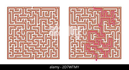 Vector 3D / Isometric Easy Square Maze - Labyrinth with Included Solution. Funny & Educational Mind Game for Coordination, Problems Solving, Decision Stock Vector