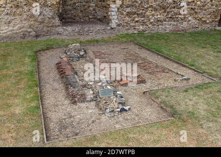 Detail showing the site of the kitchen in the grounds of Framlingham Castle, Suffolk, UK. Stock Photo
